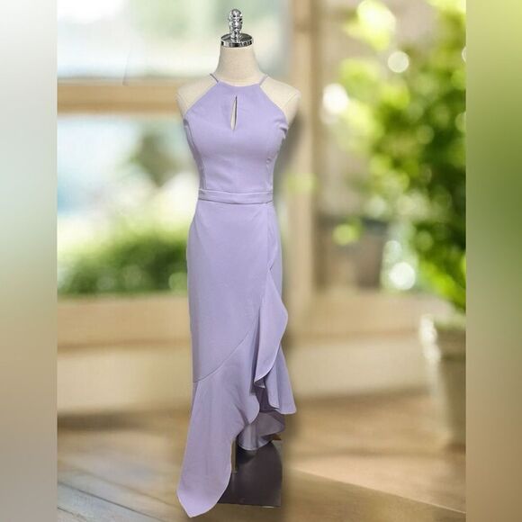 NWT XSCAPE Midi Maxi Scuba Crepe Asymmetric Flounce Dress Size 6 - Picture 2 of 13